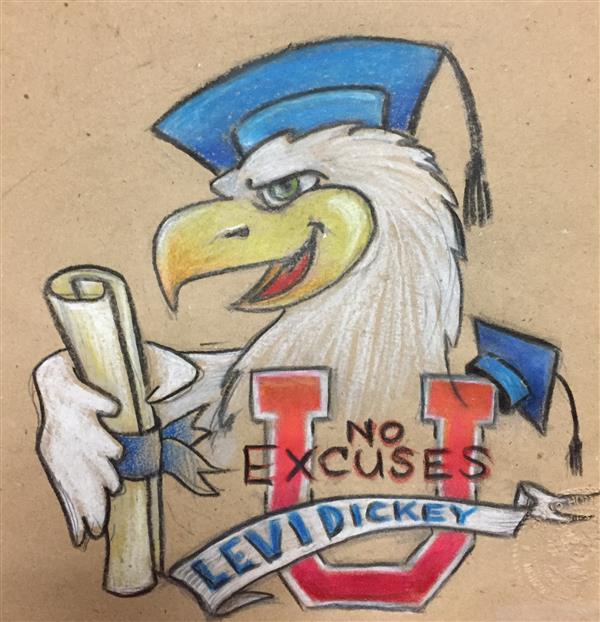 Original artwork of Dickey Elementary logo featuring eagle mascot and No Excuses University logo